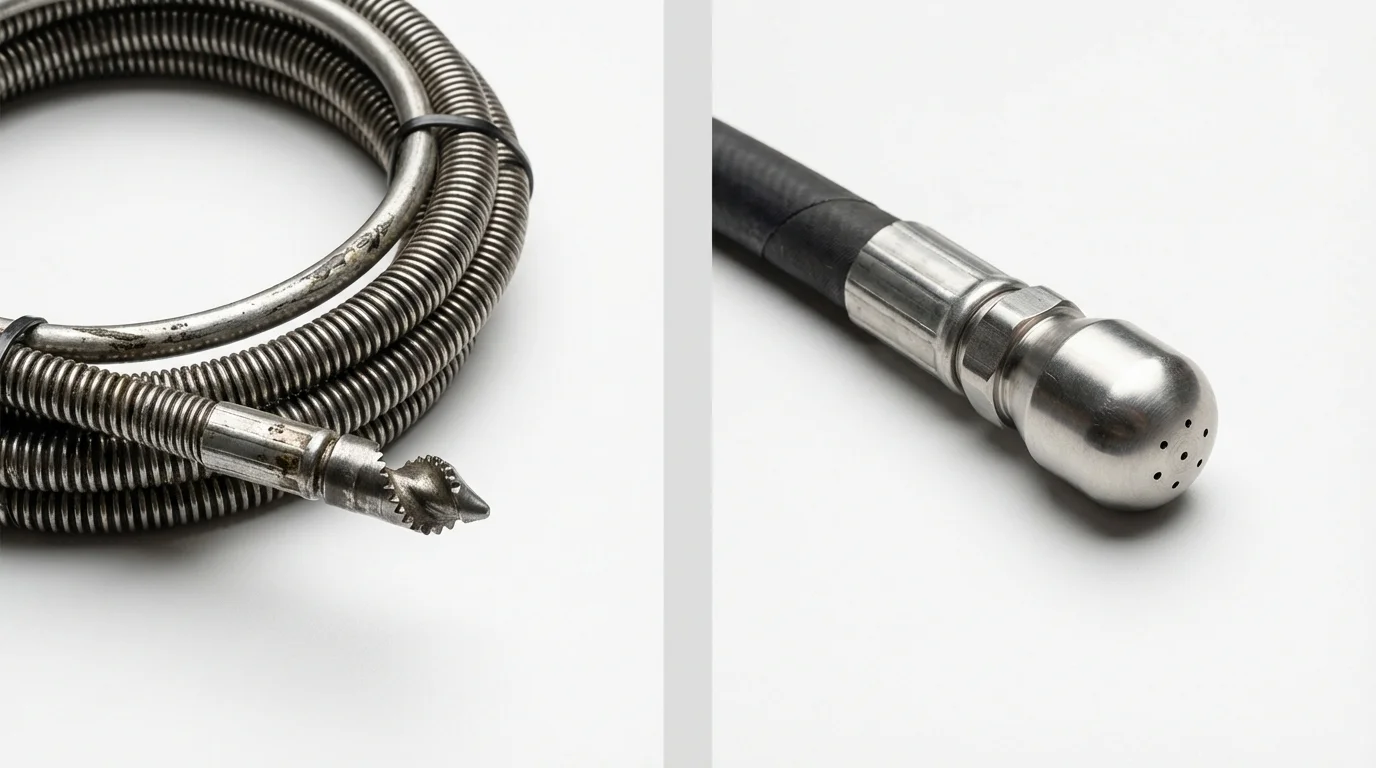 Drain snake cable and hydro jetting nozzle used for drain cleaning in Maud, TX