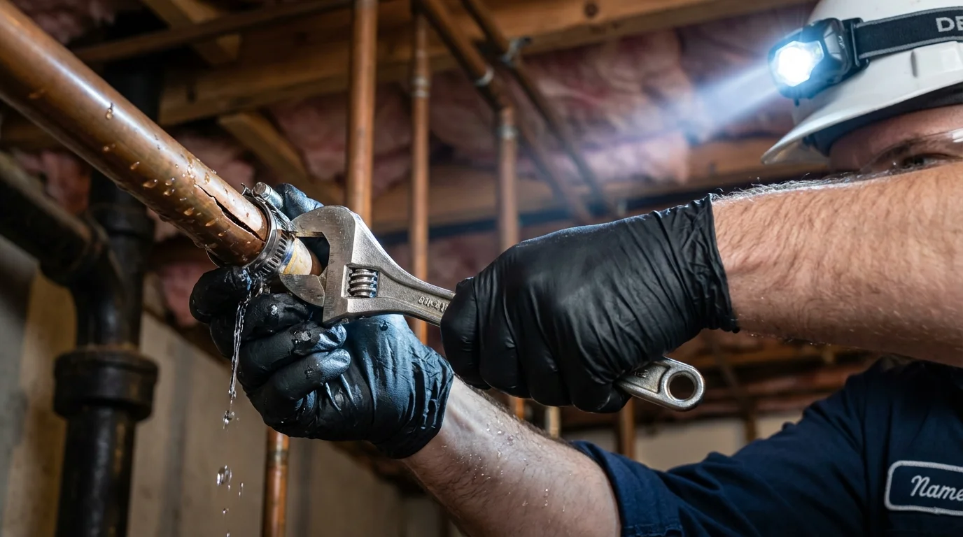 Emergency pipe clamp repair being performed by a Johns Plumbing LLC plumber in Maud