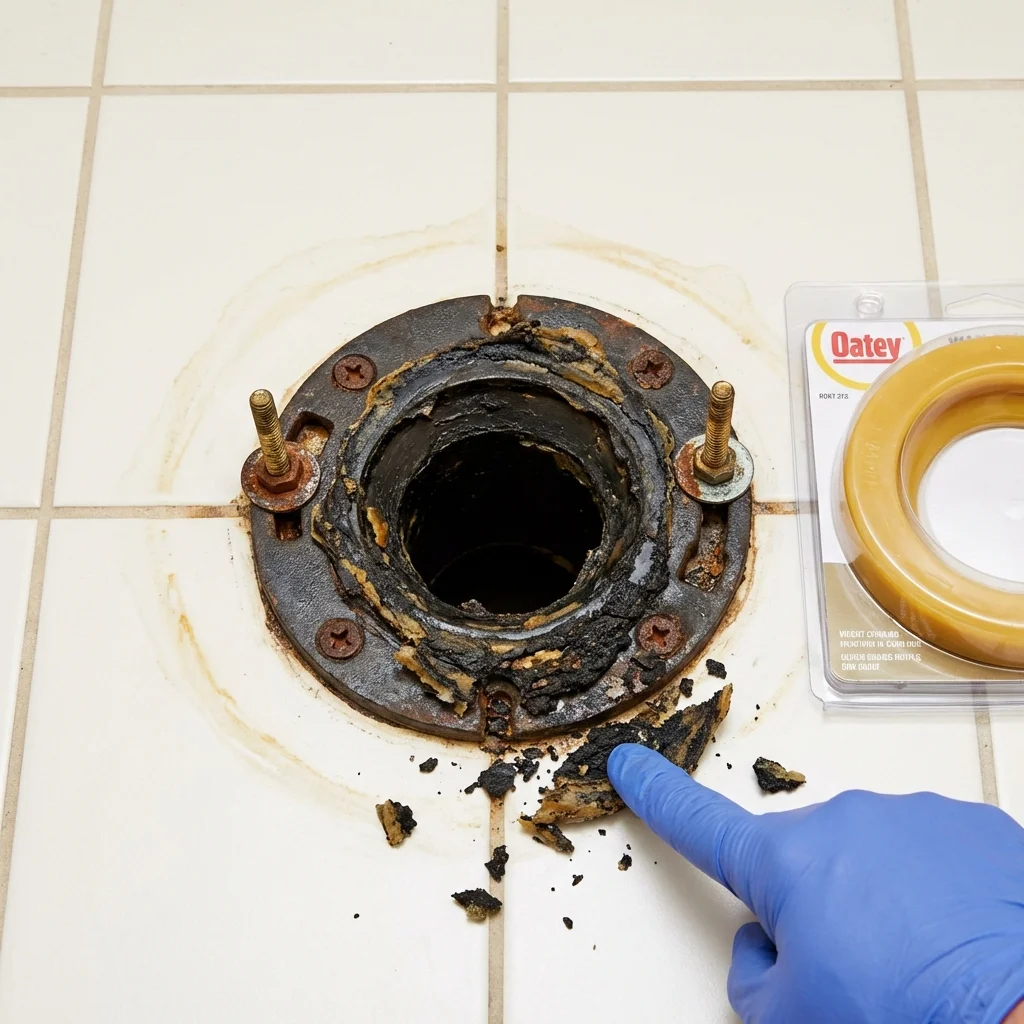 Failed wax ring showing water seepage at the base of a toilet in a Maud, TX home