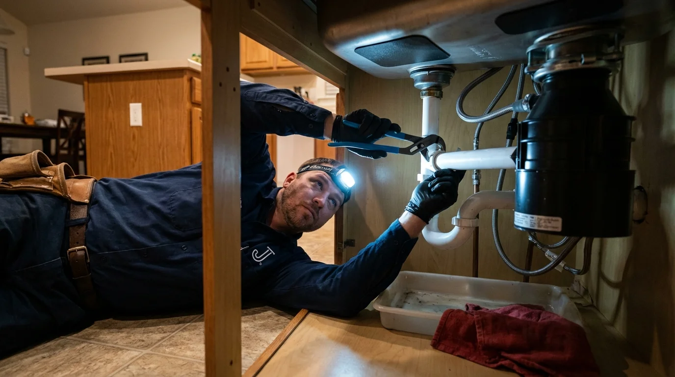 P-trap and supply line connections under a kitchen sink showing a common leak point in Maud, TX